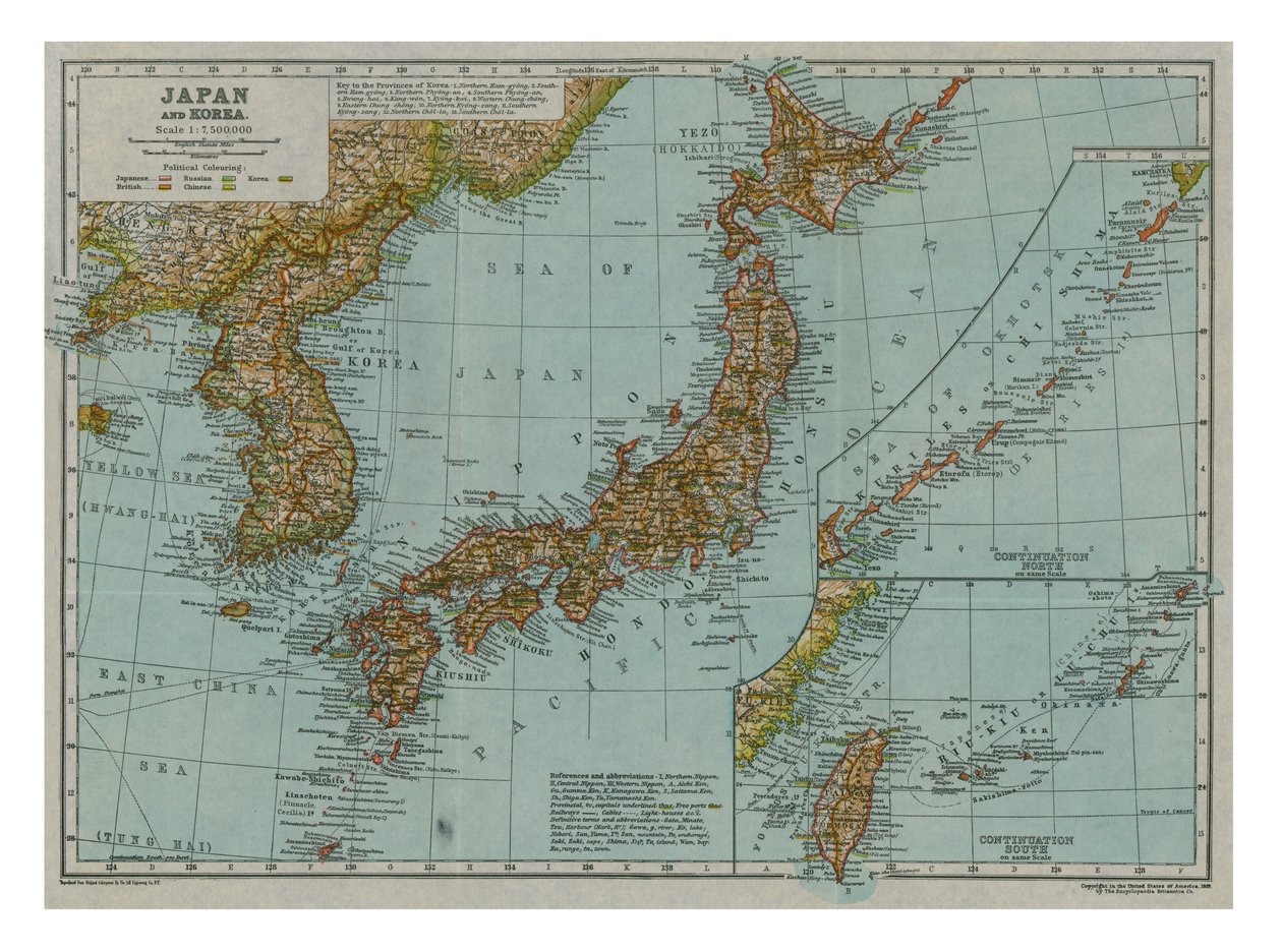 Japanin ja Korean kartta, vuodelta 1910 tekijältä Gull Engraving Company