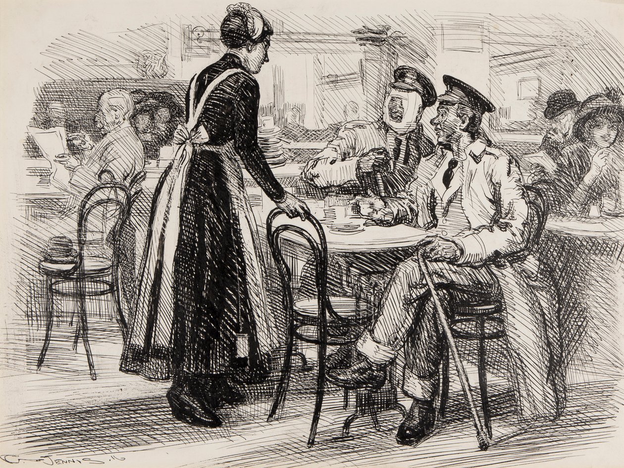Ensimmäisen maailmansodan sarjakuva, luultavasti Punchille, 1916 (kynä muste paperille) tekijältä Gurnell Charles Jennis