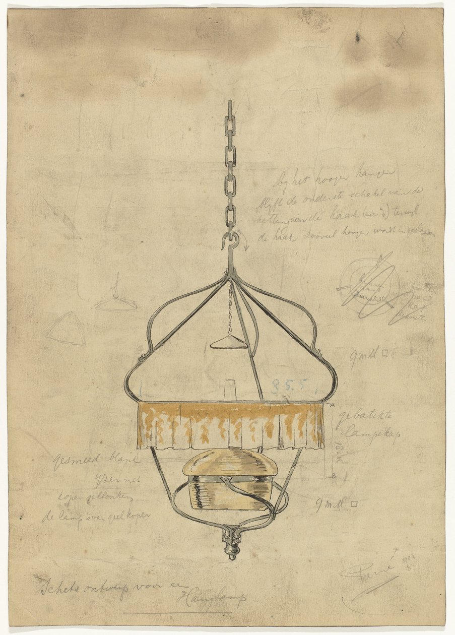 Suunnittelu riippuvalaisimelle tekijältä Gust van de Wall Perné (signed by artist)