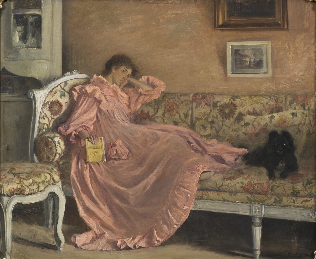 Carola istuu sohvalla, 1899 tekijältä Gustaf Olaf Cederstrom