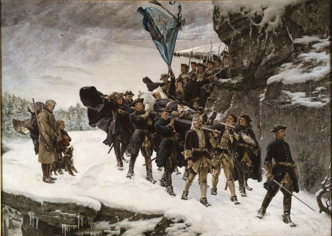 Le transport du corps du roi Charles (Carl) XII de Suede (1682-1718) - Ruotsin kuninkaan Kaarle XII:n ruumiin tuominen kotiin - Cederstroem, Gustaf (1845-1933) - 1884 - Öljy kankaalle - 265x371 - Tukholman kansallismuseo tekijältä Gustaf Olaf Cederstrom