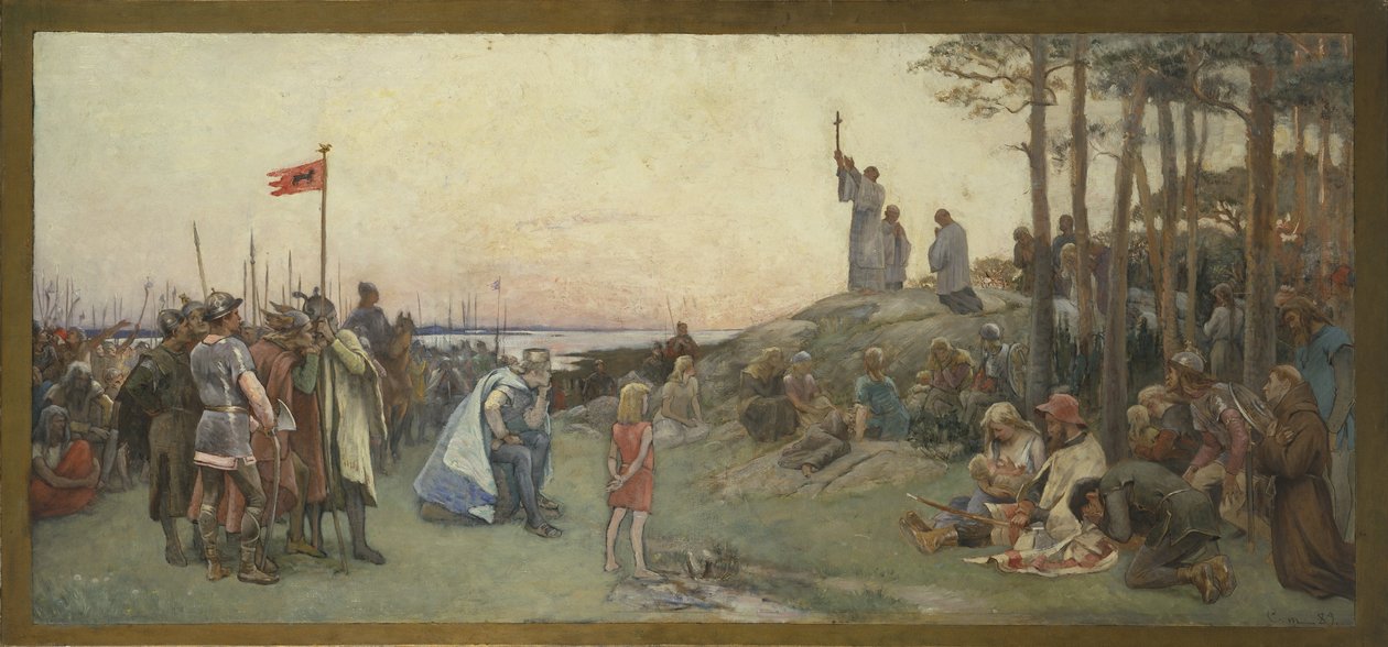 Saint Anchaire (Anchaire de Breme, Oscar ou Ansgar, 801-865) saarnaa kristinuskoa - Ansgar saarnaa kristinuskoa, kirjoittanut Cederstroem, Gustaf (1845-1933). Öljy kankaalle tekijältä Gustaf Olaf Cederstrom