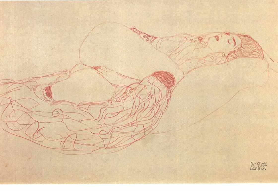 Istuva nainen semi nudenDeutsch: Liegender Halbaktn tekijältä Gustav Klimt