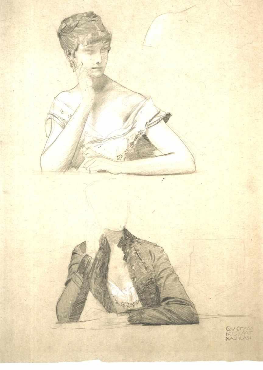  Two studies to a young woman sitting on a tablenGerman: Kaksi tutkimusta yhdelle pöydällä istuvalle nuorelle naiselleGerman: Zwei Studien zu einer am Tisch sitzenden jungen Fraun tekijältä Gustav Klimt