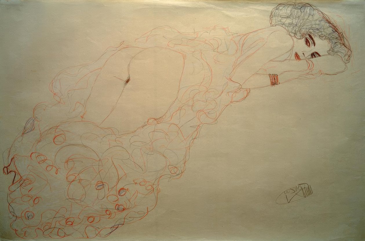 Auf dem Bauch liegender Akt nach rechts tekijältä Gustav Klimt