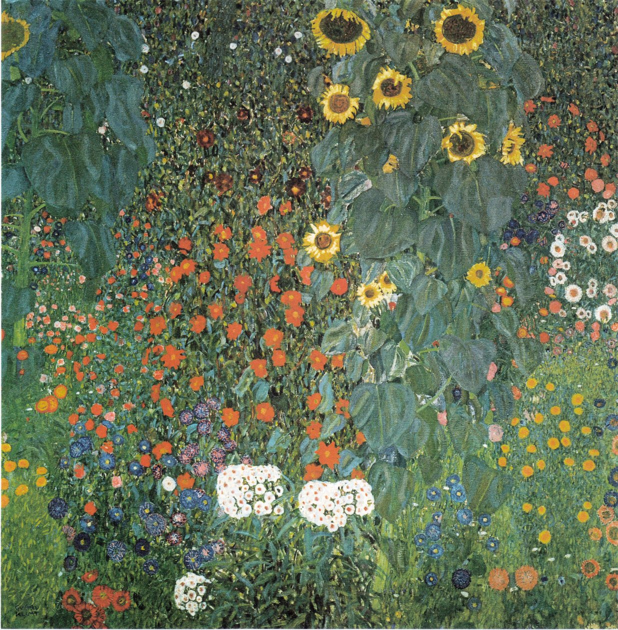 Mökin puutarha auringonkukilla tekijältä Gustav Klimt