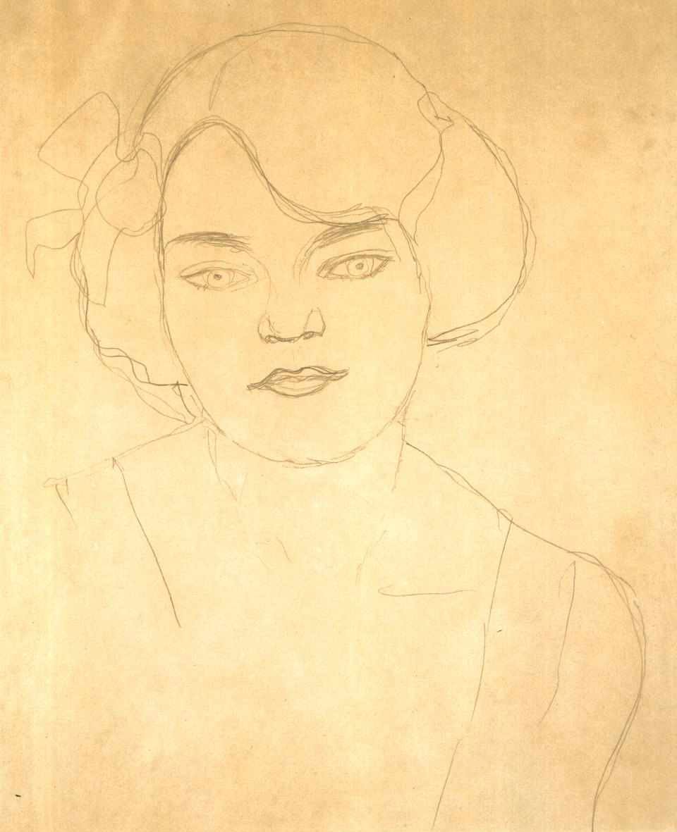 Puolipitkä muotokuva tytöstä, joka katsoo eteenpäin. tekijältä Gustav Klimt