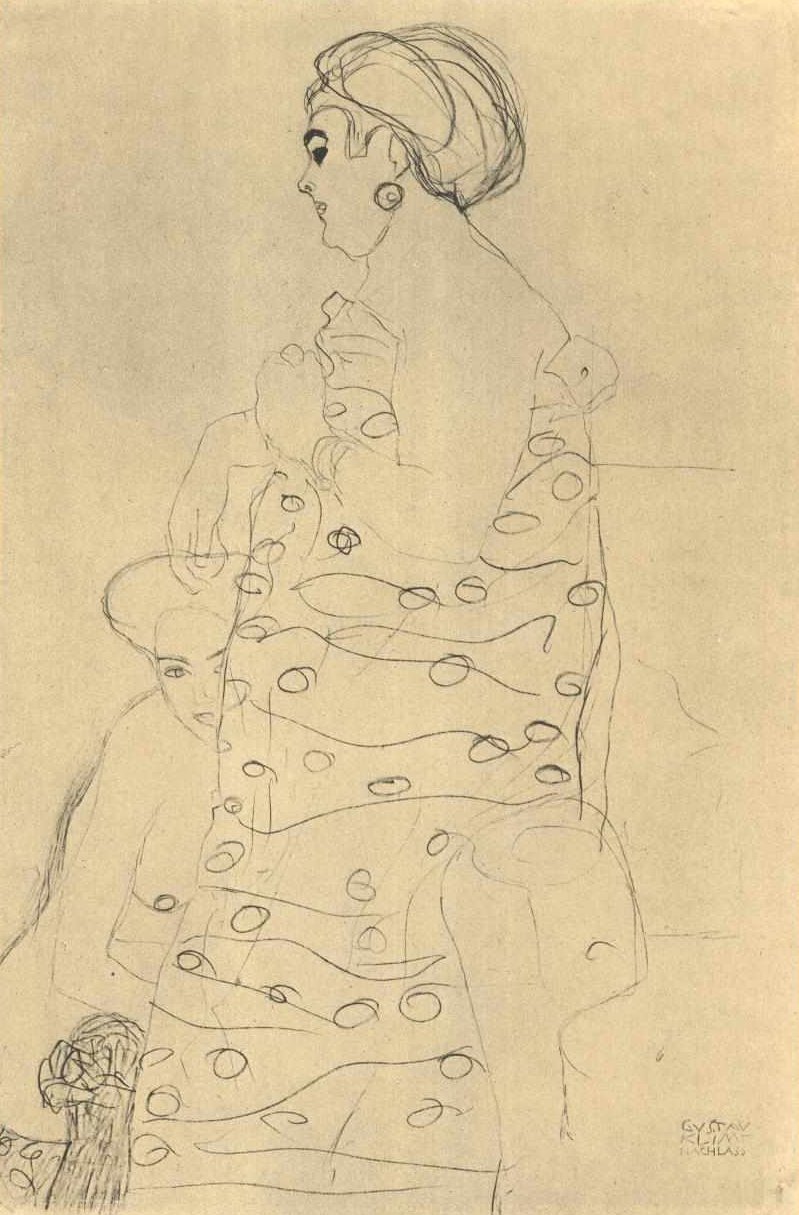 Dicke bekleidete Frau und Akt zu ihren Füssen tekijältä Gustav Klimt