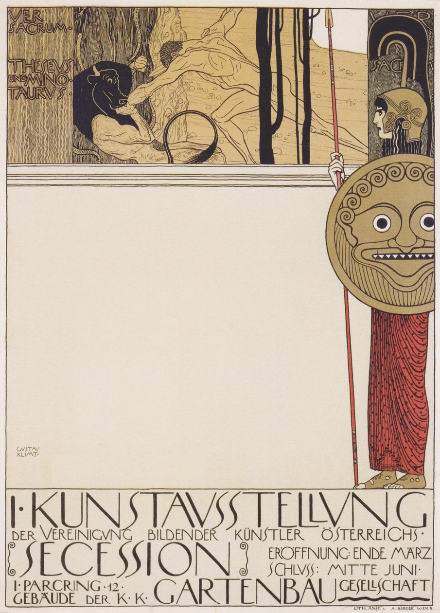 Wienin erottamisen ensimmäinen näyttelyjuliste (sensuroitu versio) tekijältä Gustav Klimt