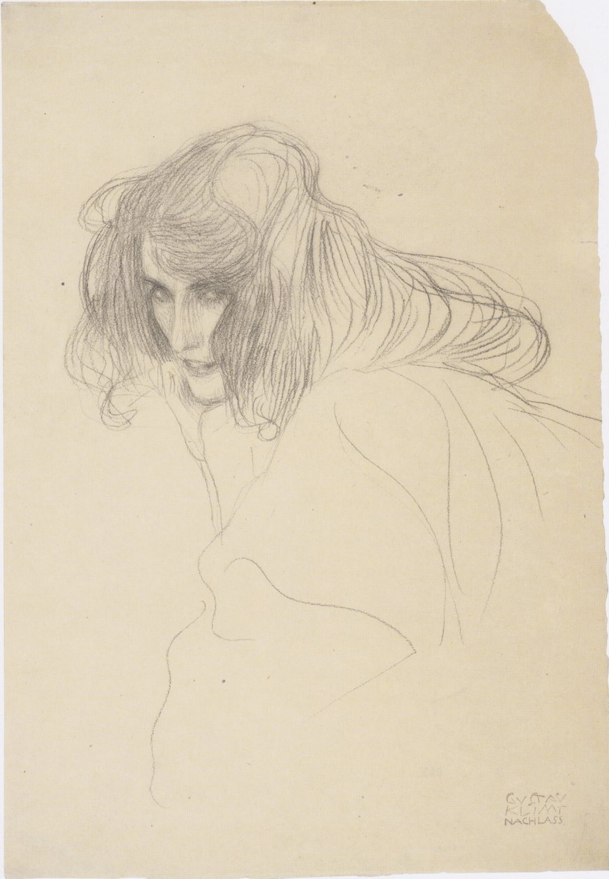 Naisen pää kolmen neljänneksen profiilissa vasemmalle tekijältä Gustav Klimt