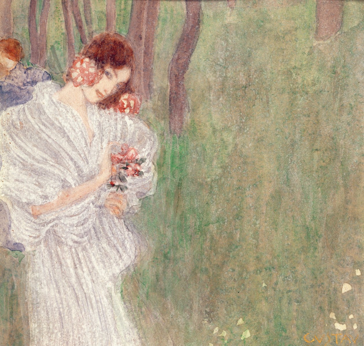 Tyttö valkoisessa mekossa seisomassa metsässä tekijältä Gustav Klimt