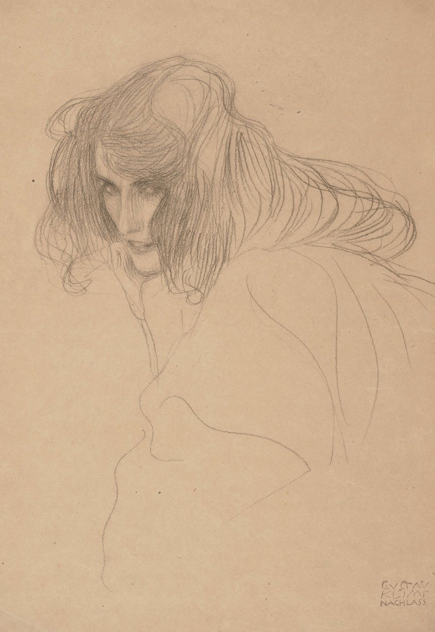 Naisen johtaja kolmen neljänneksen profiilissa (tutkimus Beethovenin friisille), 1901-1902 tekijältä Gustav Klimt