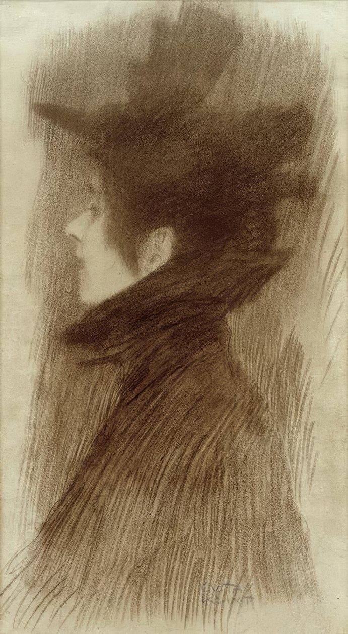 Mädchen mit Hut und Cape im Profil tekijältä Gustav Klimt