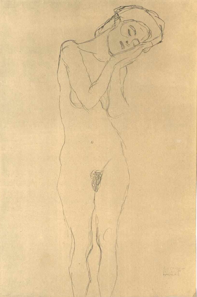 Mädchenakt von vorne mit Hand an der Wange tekijältä Gustav Klimt