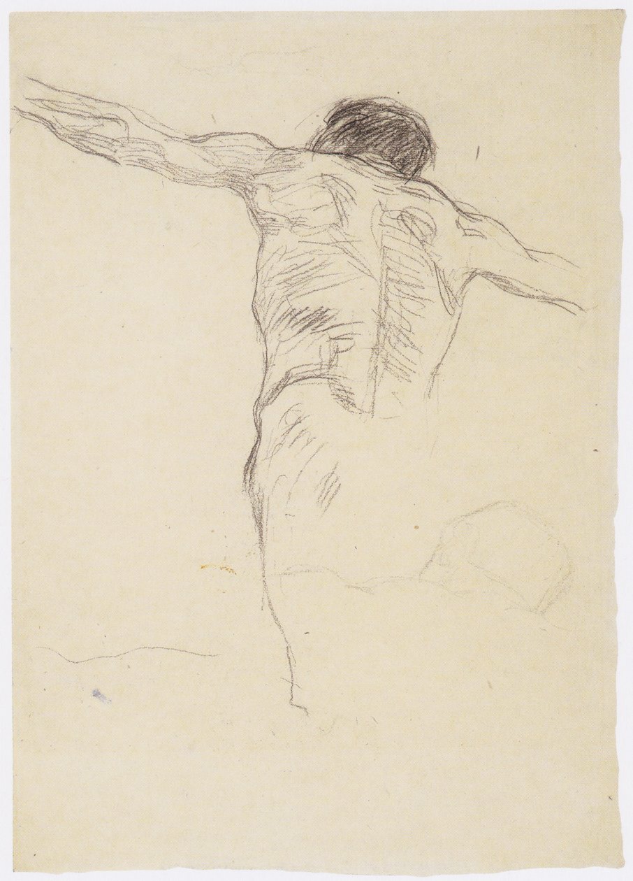 Männerrückenakt mit ausgebreiteten Armen, Wiederholung von Kopf- und Schulterpartie tekijältä Gustav Klimt
