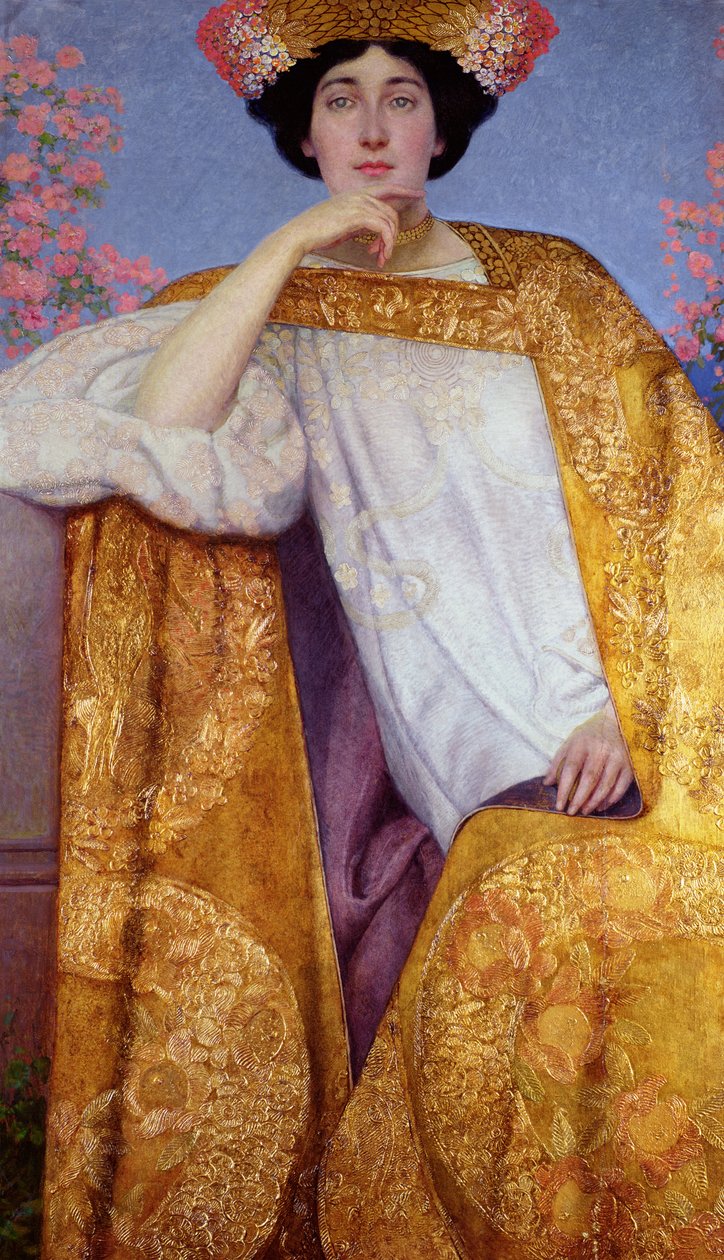 Naisen muotokuva kultaisessa mekossa, maalattu yhteistyössä Ernst Klimtin (1864-92) Franz Matschin (1861-1942) ja hänen studionsa kanssa, 1886-87 tekijältä Gustav Klimt