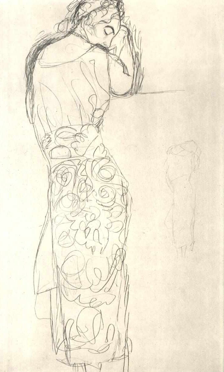 Rückenansicht einer stehenden Frau im gemustertem Rock tekijältä Gustav Klimt