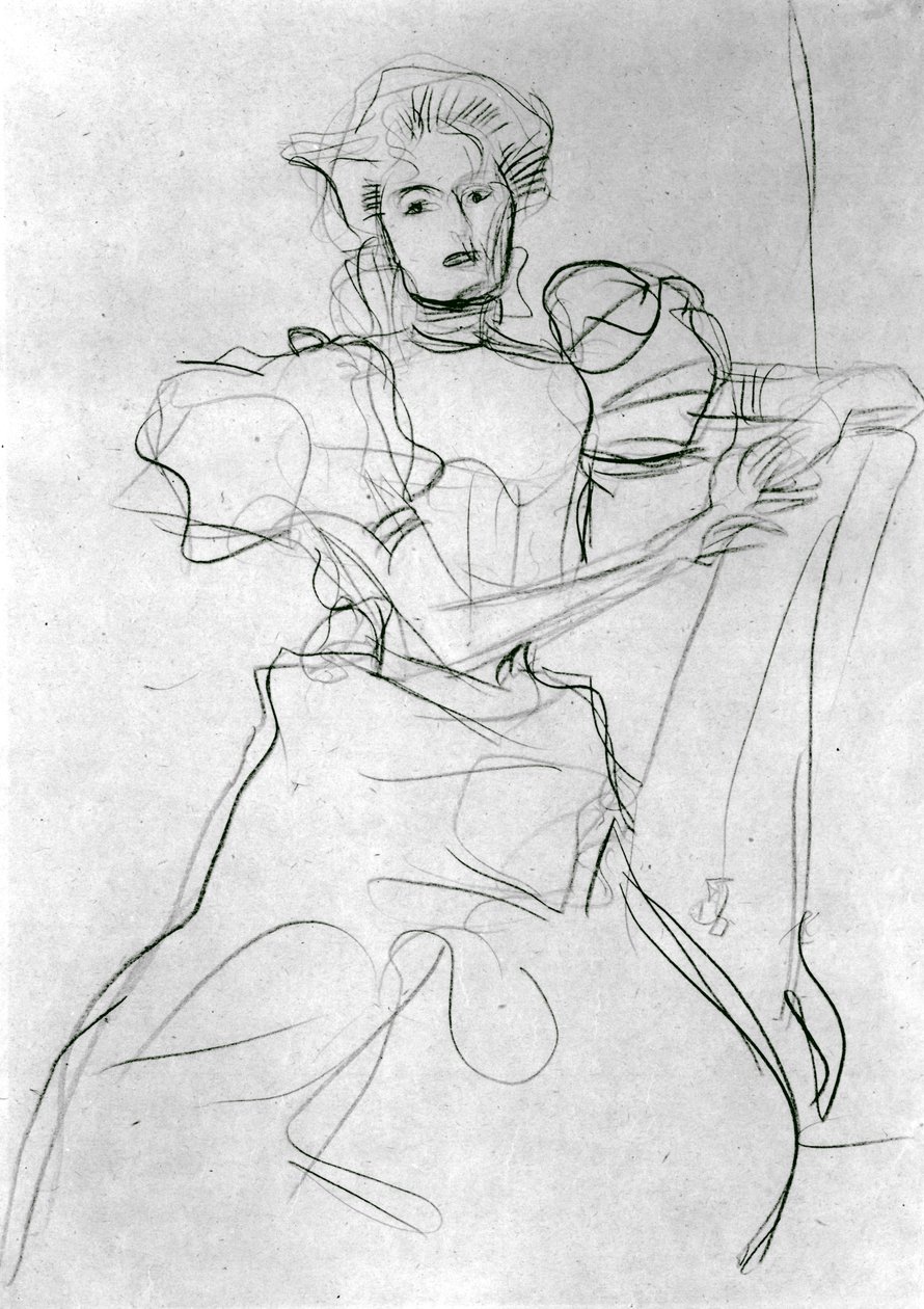 Istuva nainen - Tutkimus Sonja Knipsin muotokuvaa varten, n. 1898 (sininen värikynä paperilla) tekijältä Gustav Klimt