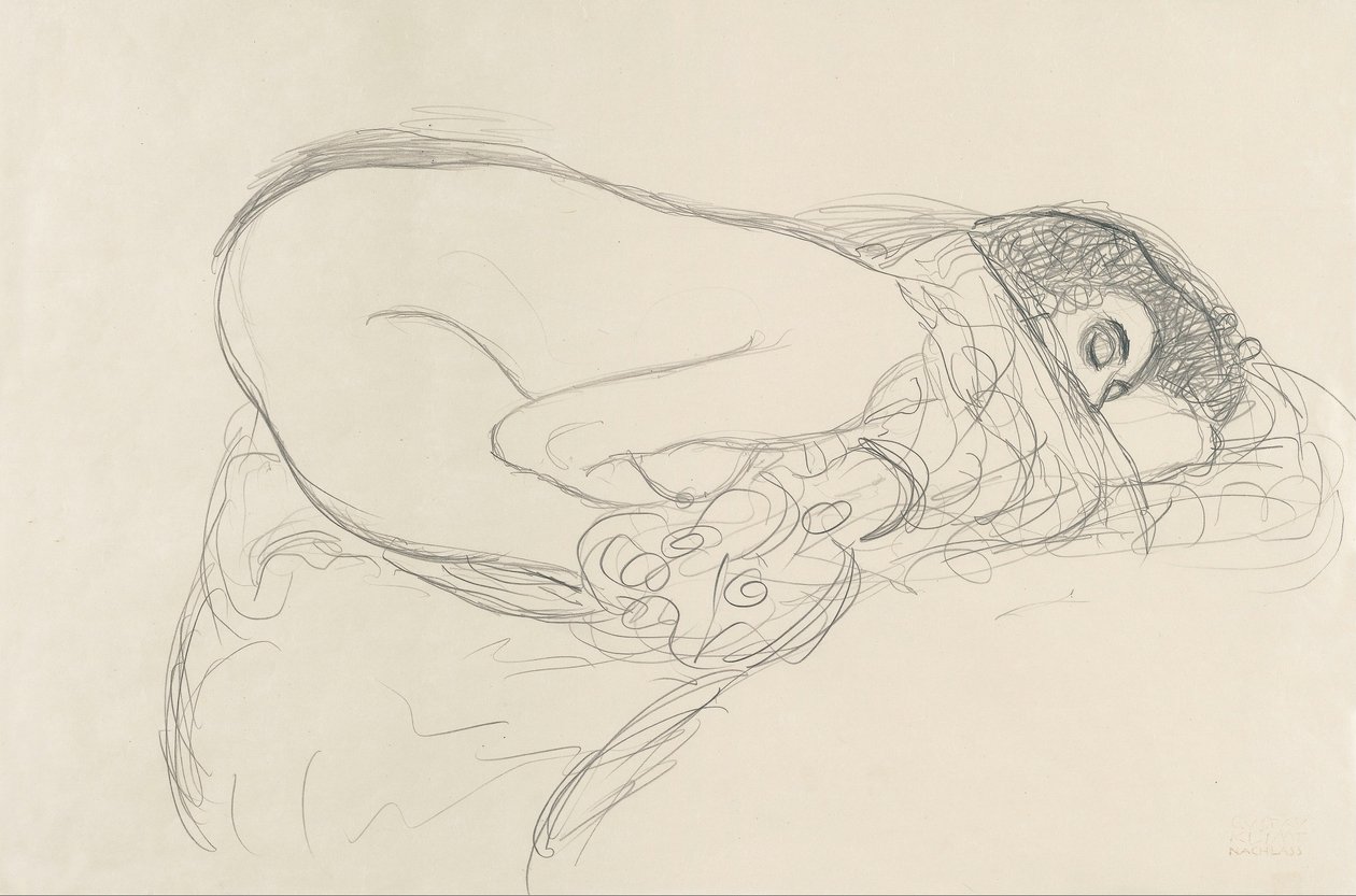 Semi-Nude nojaten eteenpäin (Ledamaalauksen valmistelutyöt) tekijältä Gustav Klimt