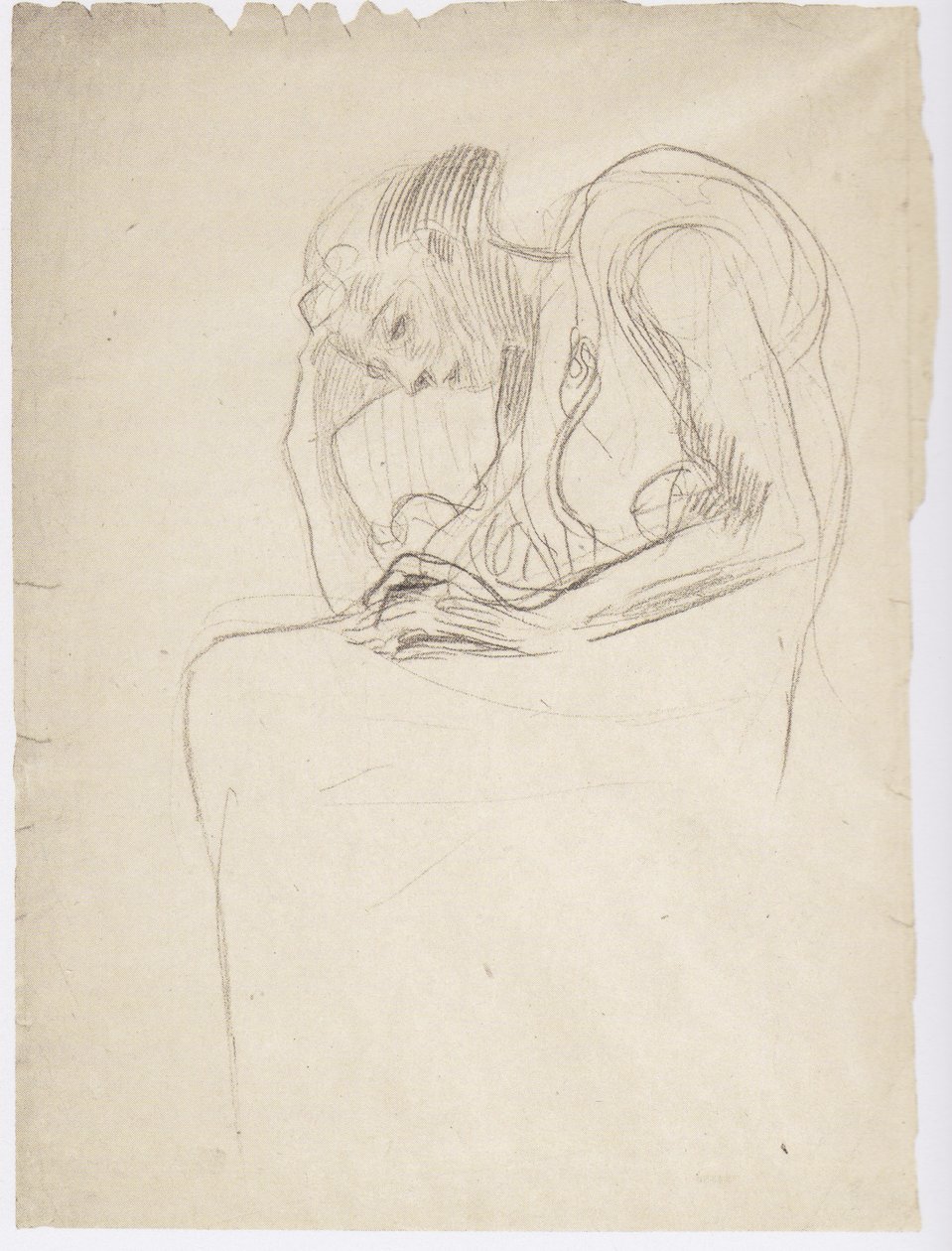Vasemmalla istuva vanha nainen, pää ylöspäin nostettuna tekijältä Gustav Klimt
