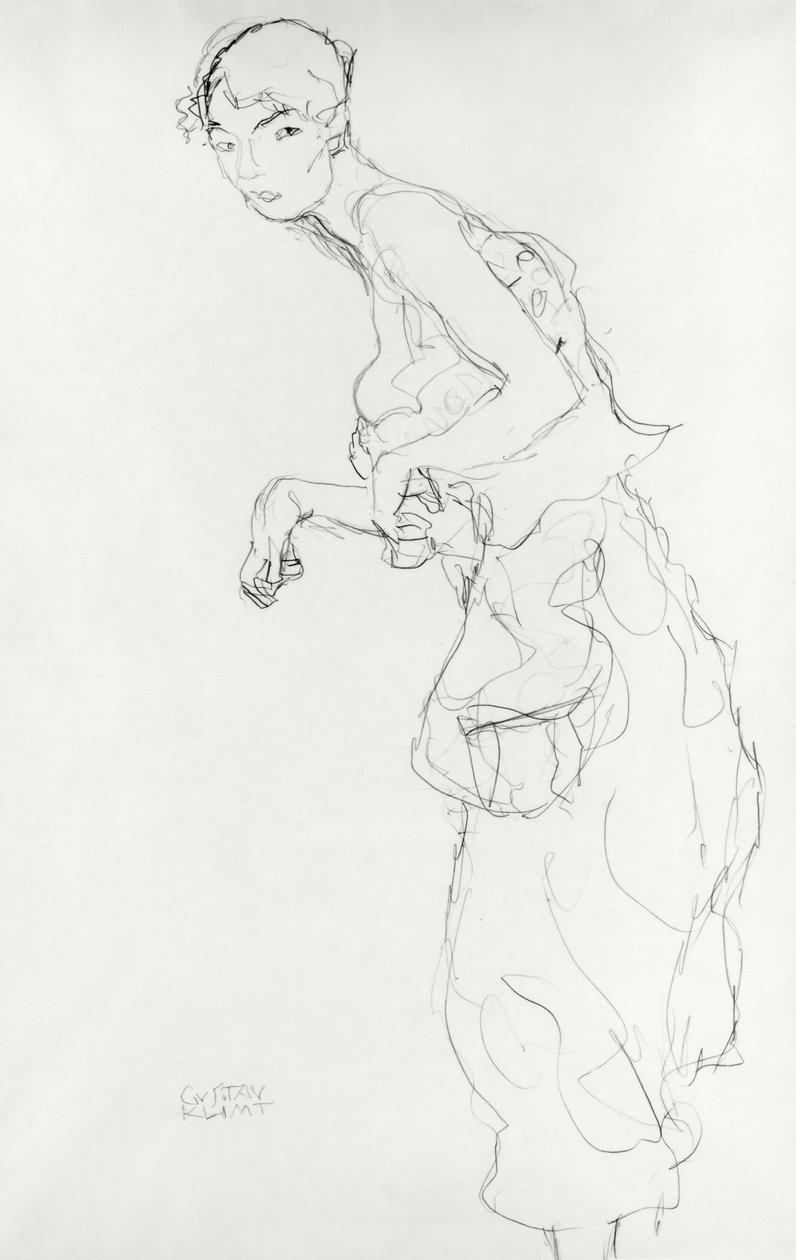 Nainen, jolla on Bloomers, katsoo vasemmalle, n. 1916-1917 (kynä ja värilliset värikynät paperilla) tekijältä Gustav Klimt