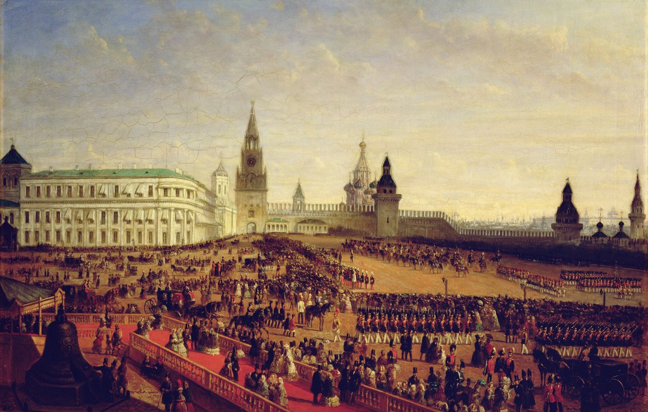 Sotilaallinen paraati Aleksanteri II:n kruunajaisten aikana Moskovan Kremlissä 18. helmikuuta 1855 1856 tekijältä Gustav Schwarz