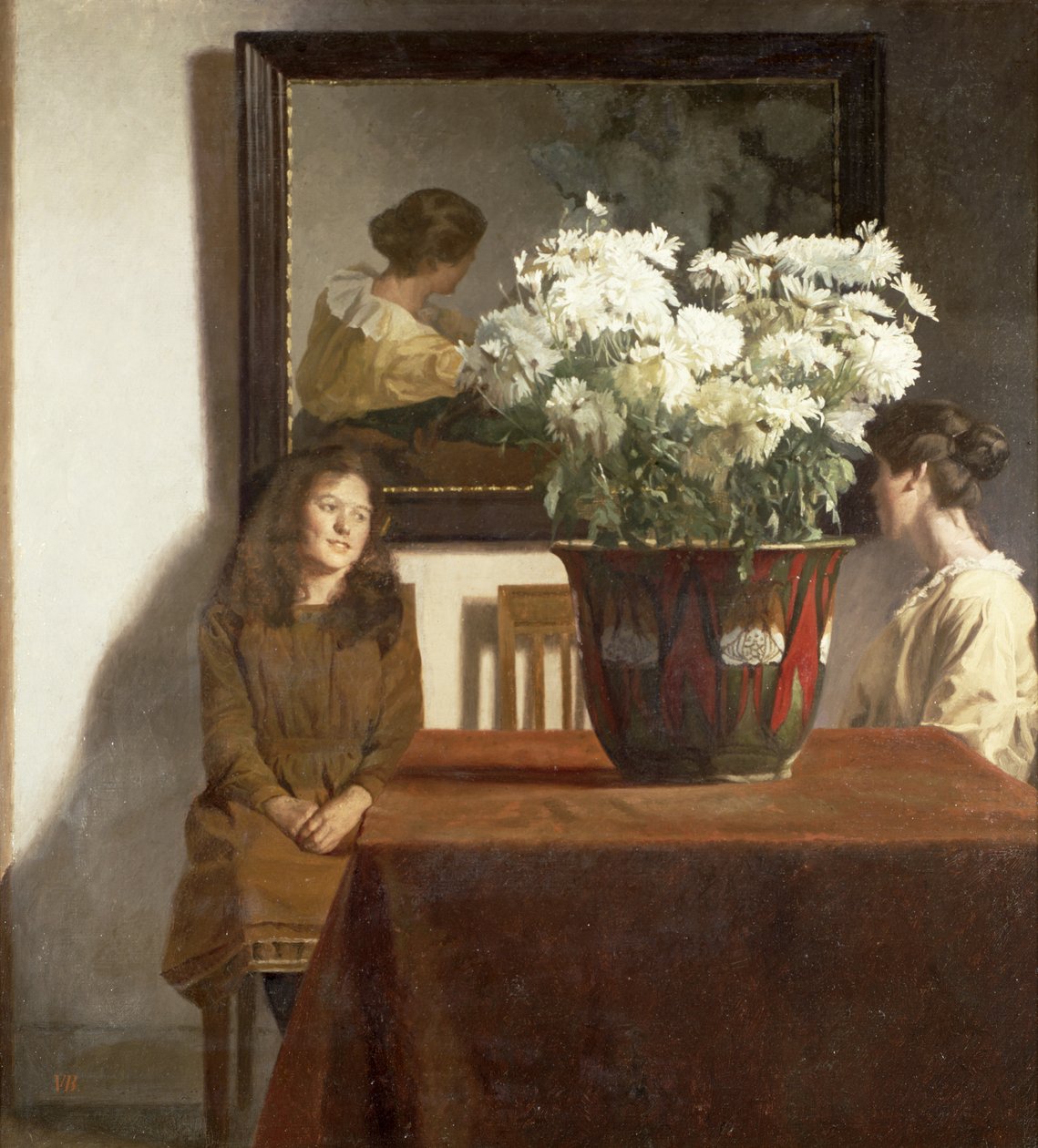 Figuurit valkoisten krysanteemien kulholla tekijältä Gustav Wilhelm Blom