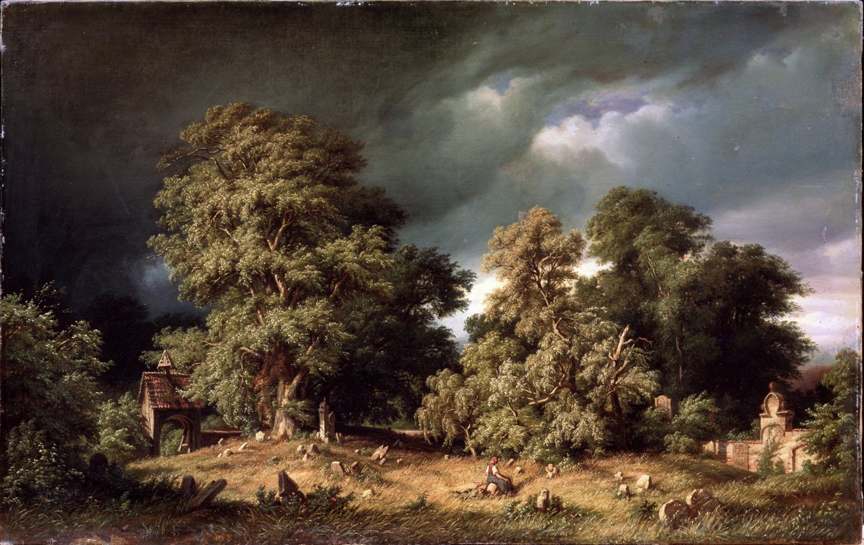 Vanha hautausmaa. Nainen istuu yksin syrjäisellä maaseutuhautausmaalla, kun taivas täyttyy tummista pilviä. Gustav Paul Clossin (1840-1870) maalaus, öljy kankaalle, noin 1865. Saksalaista taidetta, 1800-luvun maisema. Herra. tekijältä Gustav Adolf Closs