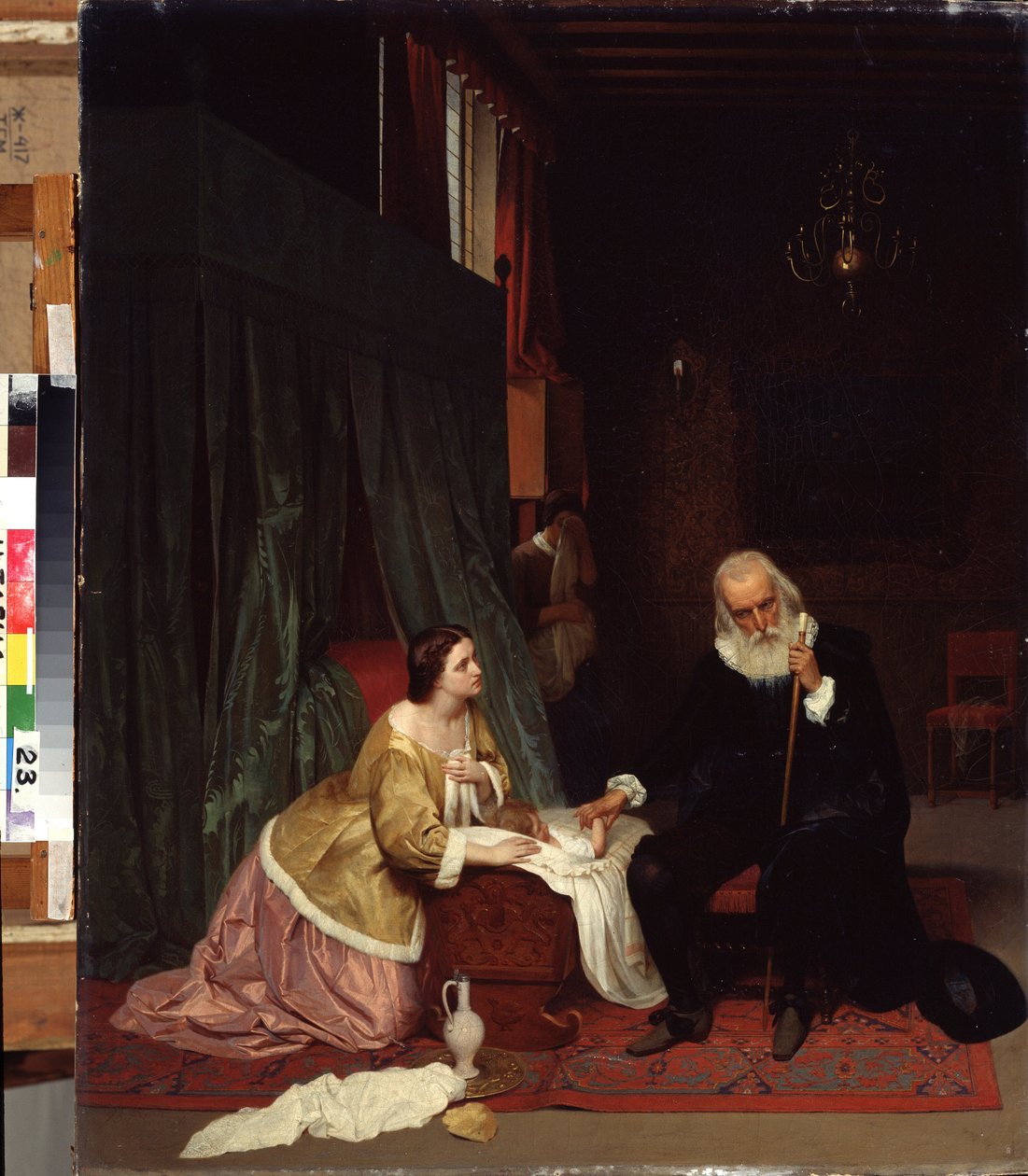 ""Lääkärin käynti"" Lääkäri ottaa sairaan lapsen pulssin äitinsä valppaana. Gustav Budkovskyn (1813-1884) maalaus 1859 Valtion taidemuseo, Nižni Tagil, Venäjä tekijältä Gustav Budkowski