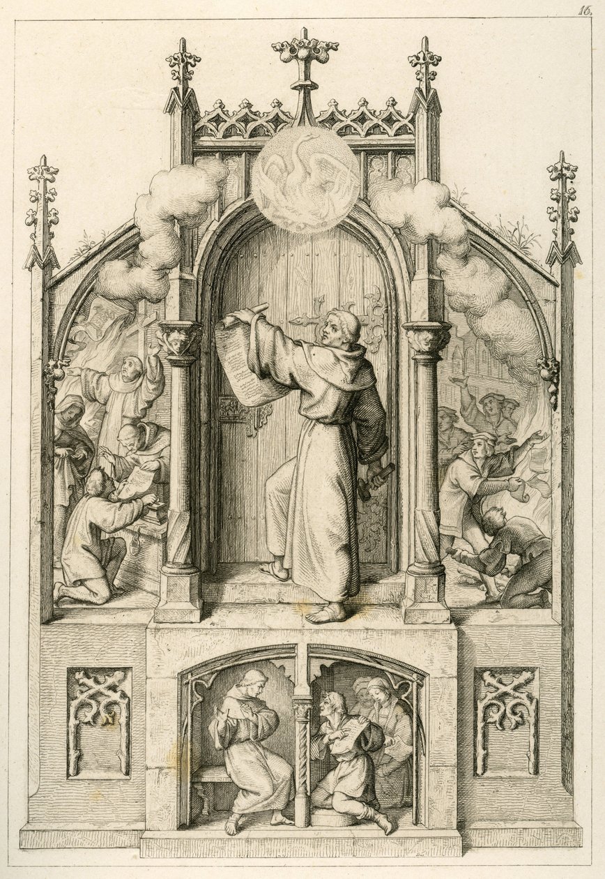 Luther ei halua antaa ammuksia, vasemmalla : Johann Tetzel (1465-1519) polttaa Lutherin papereita, pääkuva : Luther ripustaa 95 teesiään Wittenbergin kirkon ovelle, oikealla : Wittenbergin yliopisto palaa tekijältä Gustav Ferdinand Leopold Konig