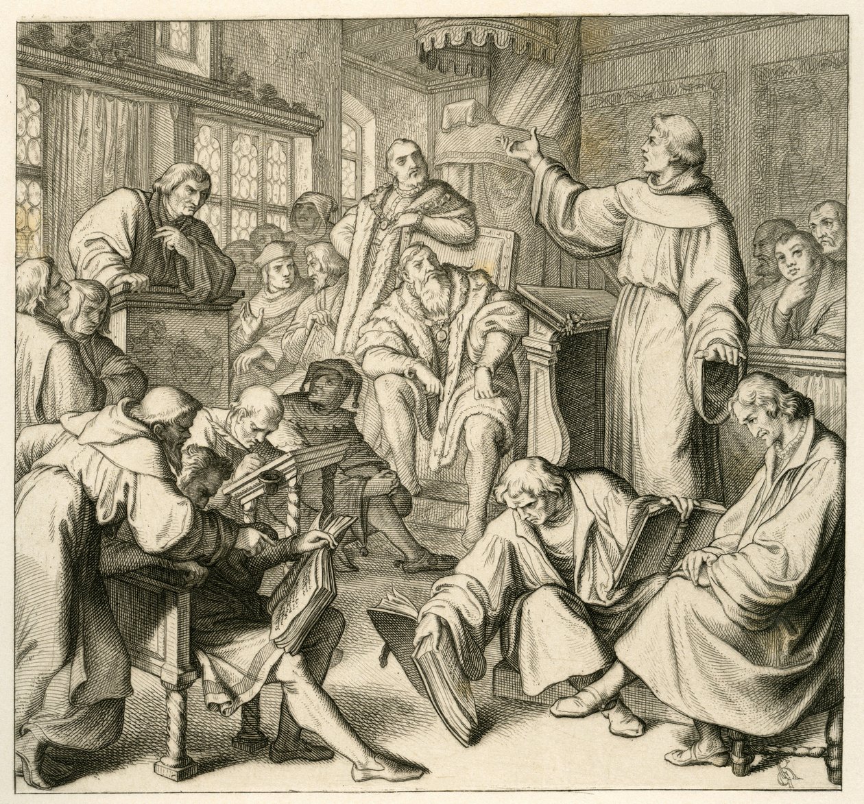Martin Luther keskustelee Dr. Johannes Eck (Johann Maier von Eck) (1486-1543), Lutherin puolella Philipp Melanchthon (1497-1560) ja Karlstadt (Andreas Rudolf Bodenstein von Karlstadt tekijältä Gustav Ferdinand Leopold Konig