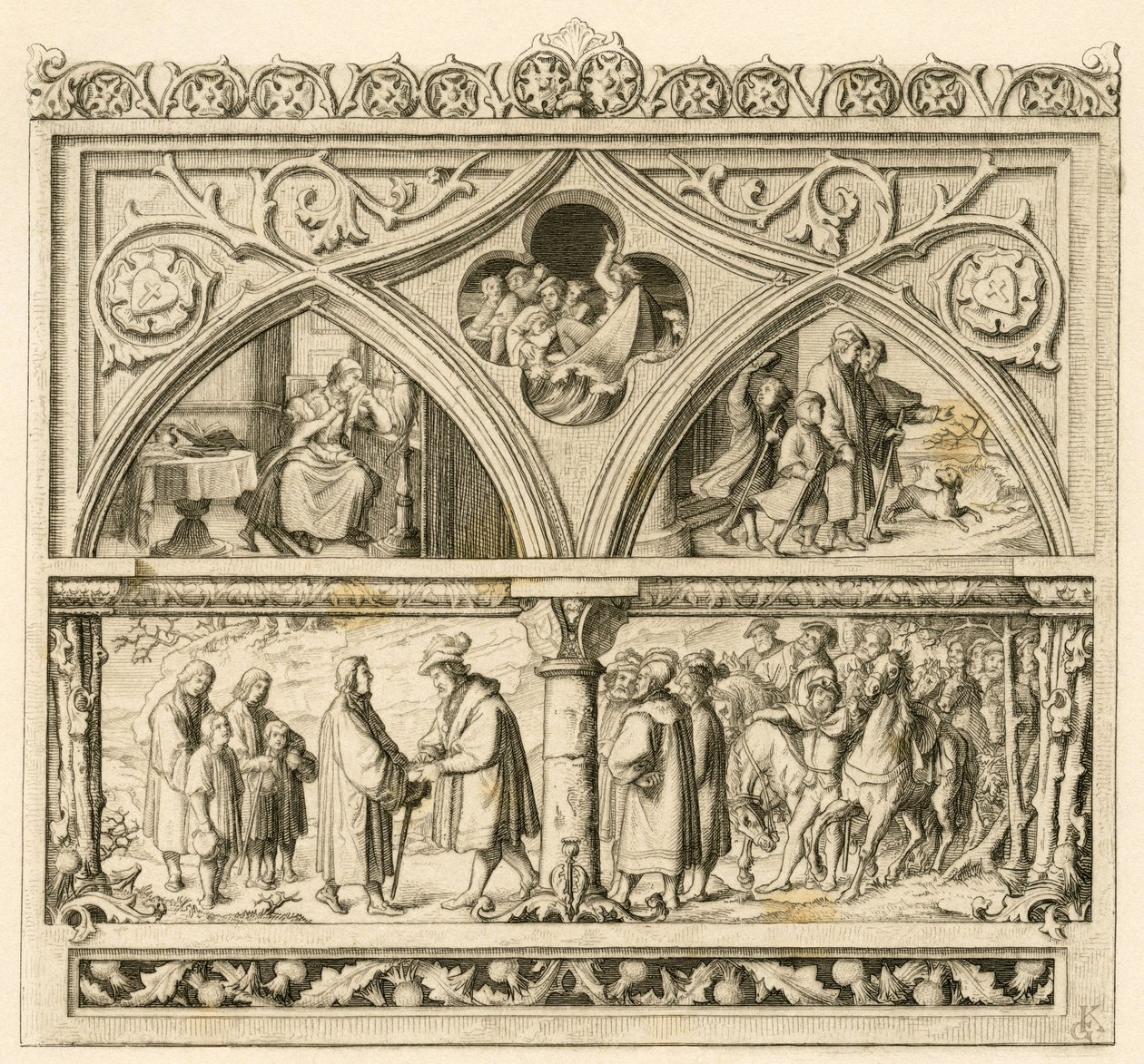 Martti Lutherin matka kreivi Mansfeldille (Mansfeld-Vorderortin Hoyer VI (1477-1540) ; kuva ylhäällä vasemmalla : surullinen Katharina , keskellä : raivoisa Saale-joki , oikealla : Luther yhdessä poikiensa kanssa Kuva alas : Luther ja kreivi tekijältä Gustav Ferdinand Leopold Konig