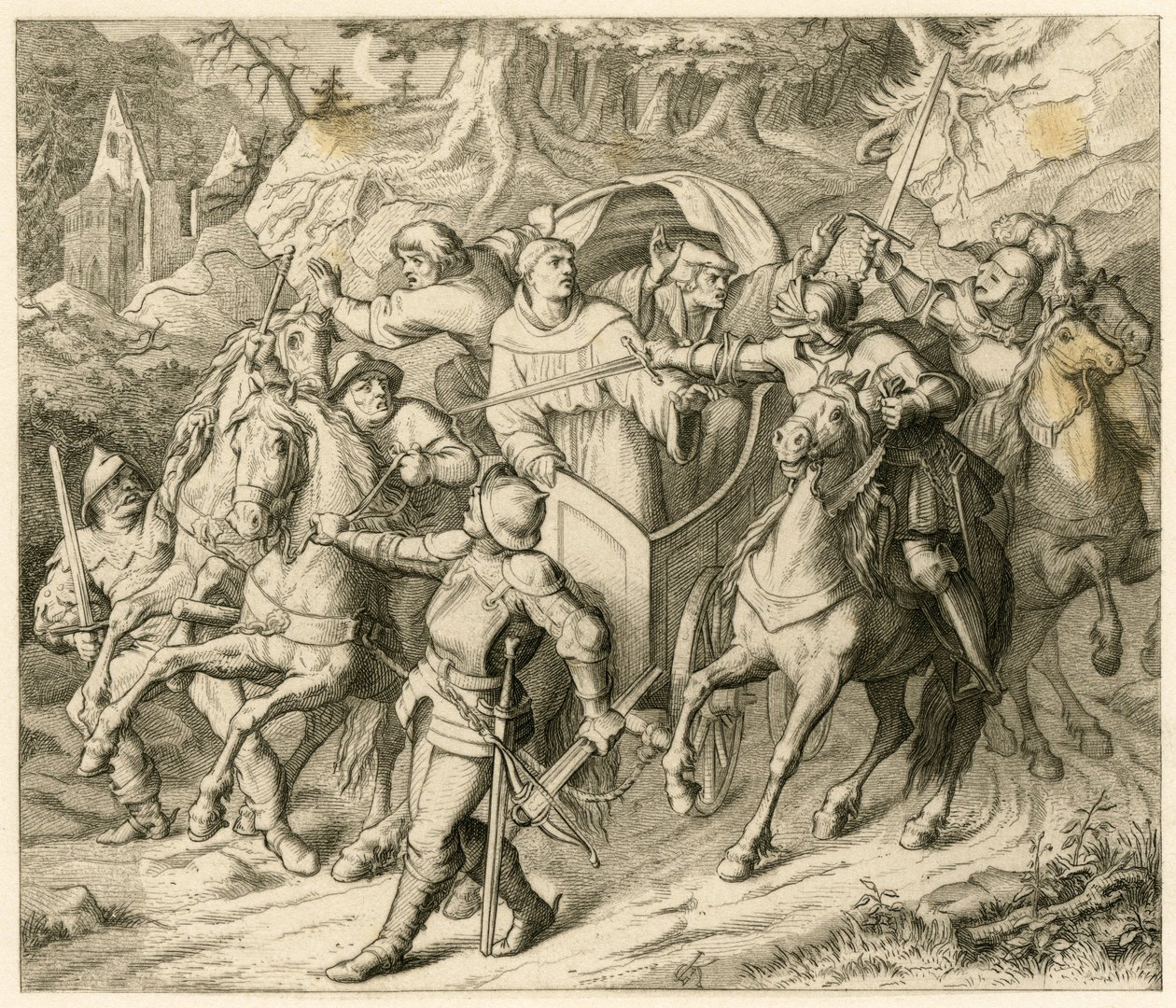 Hauptmann von Berlepsch ja Burkhard Hund sieppasivat Martti Lutherin hänen paluumatkallaan - 1521, koska siellä oli paavin ekskommunikaation bulla ja keisarin lainvastaisuus. tekijältä Gustav Ferdinand Leopold Konig