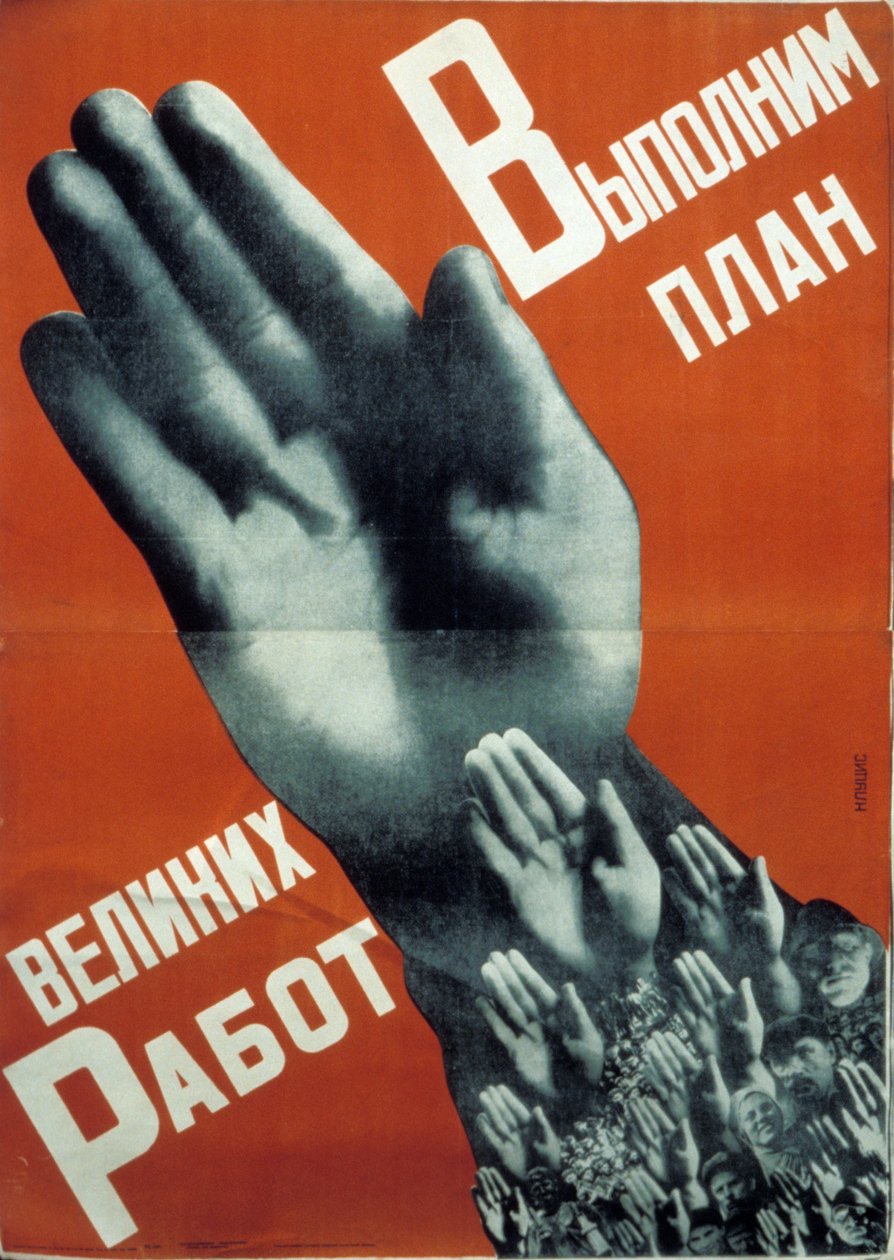 Cartell constructivista soviètic de 1930 de gustav klutsis, "complerem el pla dels grans esforços" finlandès tekijältä Gustav Klutsis