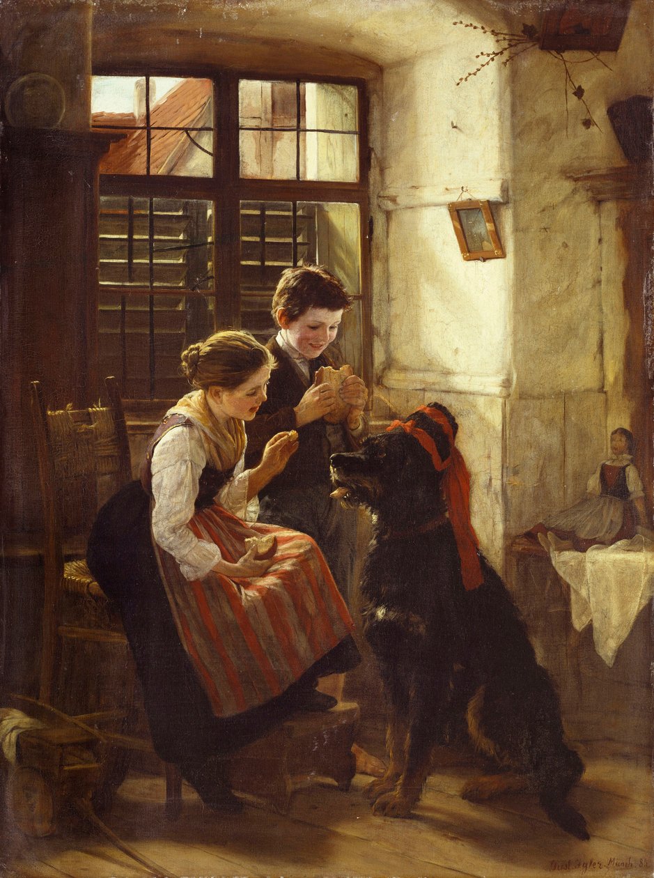 Potilaan lemmikki. Kaksi lasta on laittanut koiralleen (kotieläimelle) hatun ja antaa sille leipää syötäväksi. Gustav Iglerin (1842-1908) maalaus. tekijältä Gustav Igler