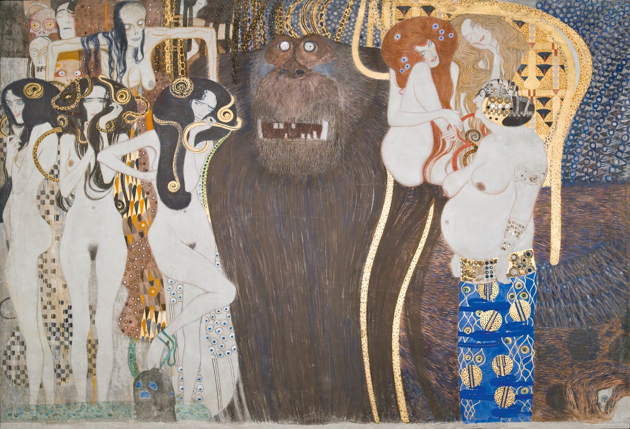 Beethoven Frieze: Vihamieliset voimat - paneeli 1, etuseinä tekijältä Gustav Klimt