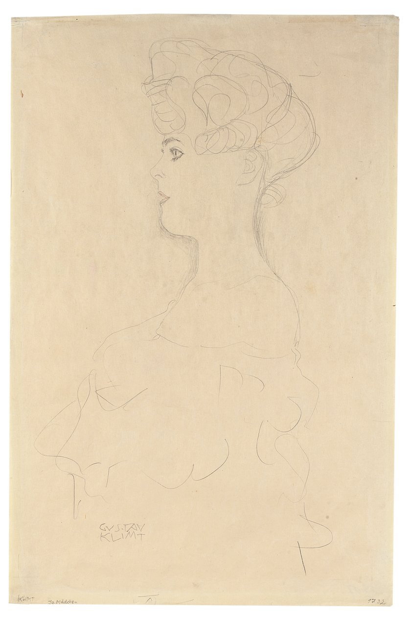 Profiilimuotokuva vasemmalta, n.1904-05 (lyijykynä, valkoista ja punaista väriliitua simili Japanin paperille). tekijältä Gustav Klimt