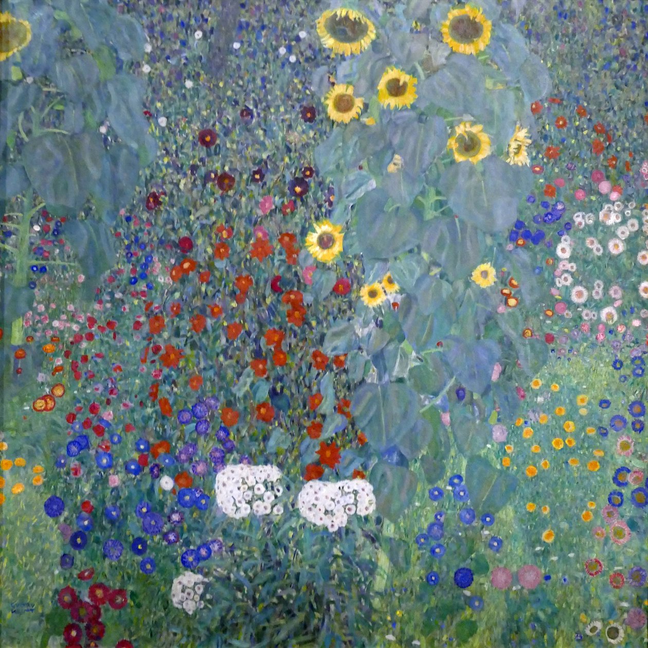 Mökin puutarha auringonkukilla tekijältä Gustav Klimt
