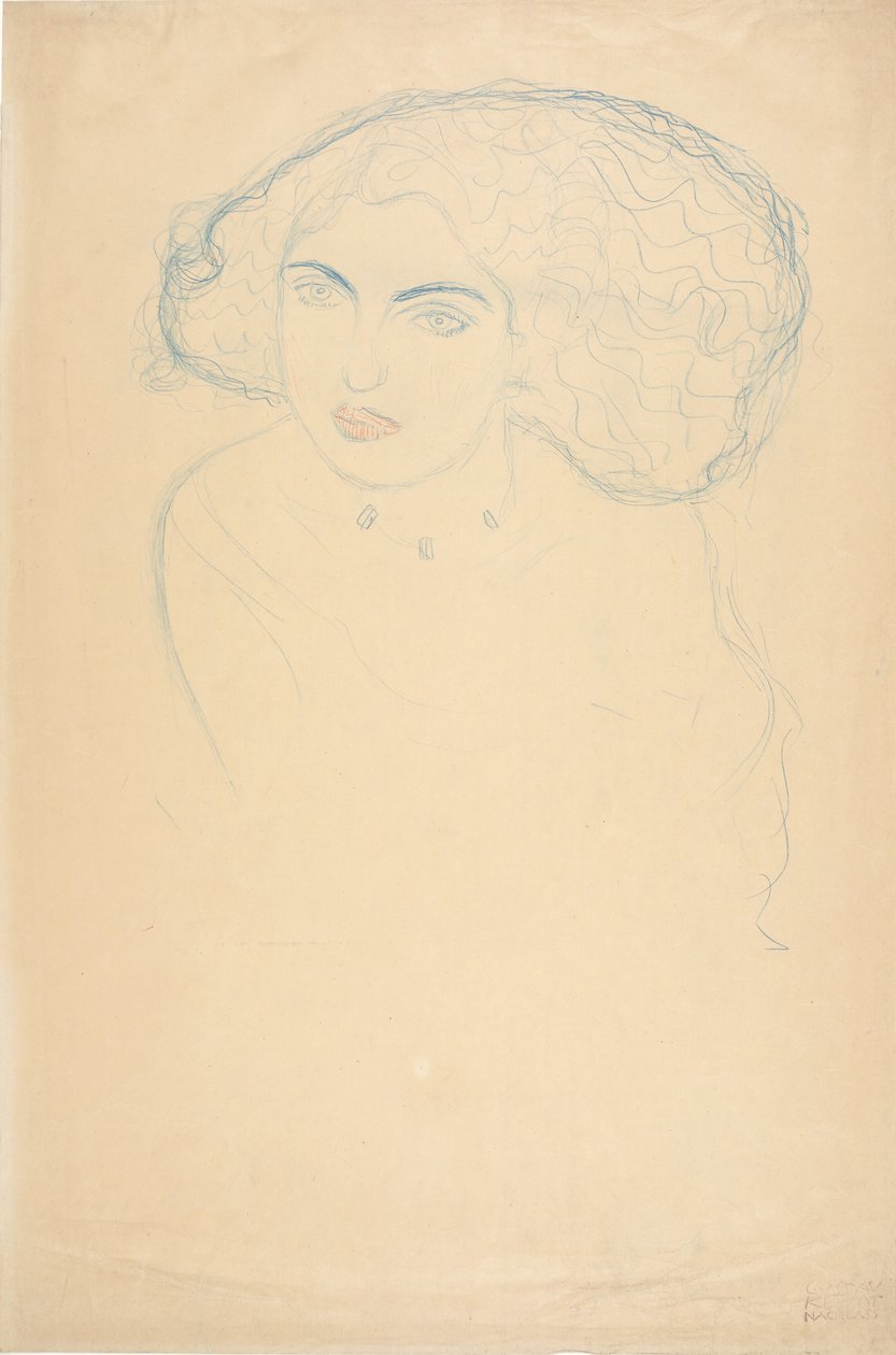 Naisen pää, n. 1916 (värikynä paperilla) tekijältä Gustav Klimt