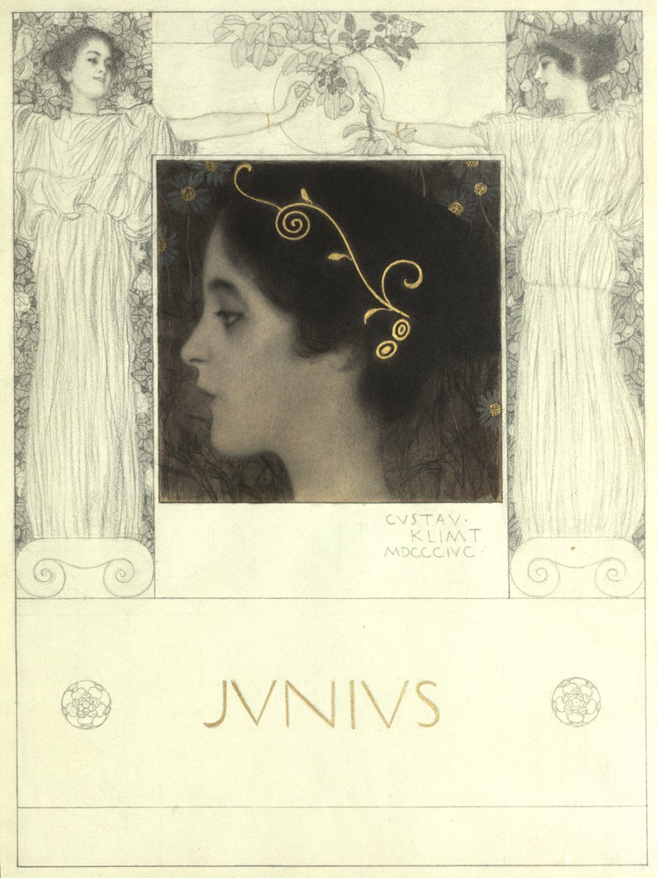 ”Junius” (Alkuperäiskuva teoksessa: Gerlach  Schenk, Allegorien N.F. nro 53) tekijältä Gustav Klimt