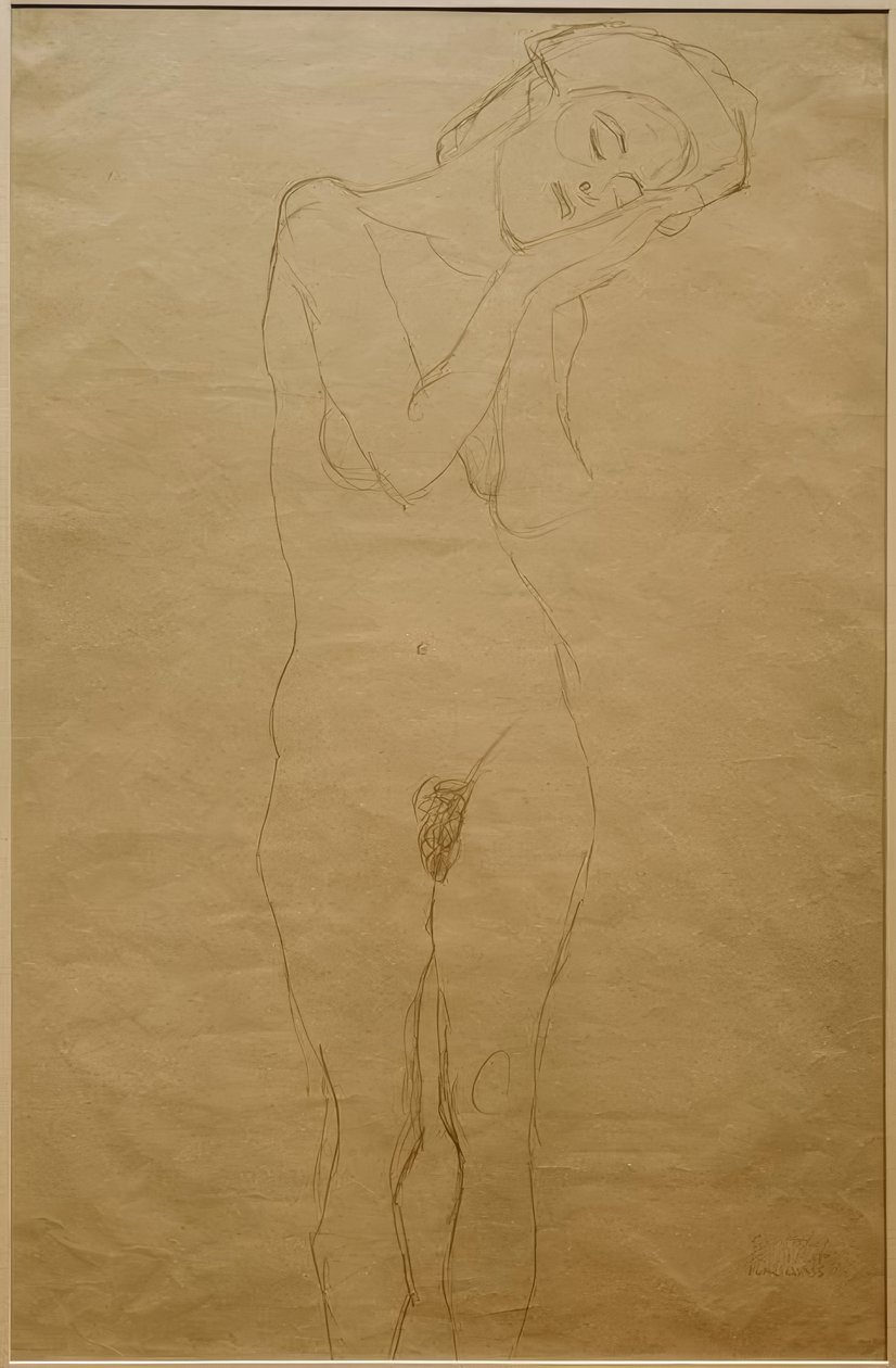 Mädchenakt von vorne, die Hände ja die Wange gelegt tekijältä Gustav Klimt