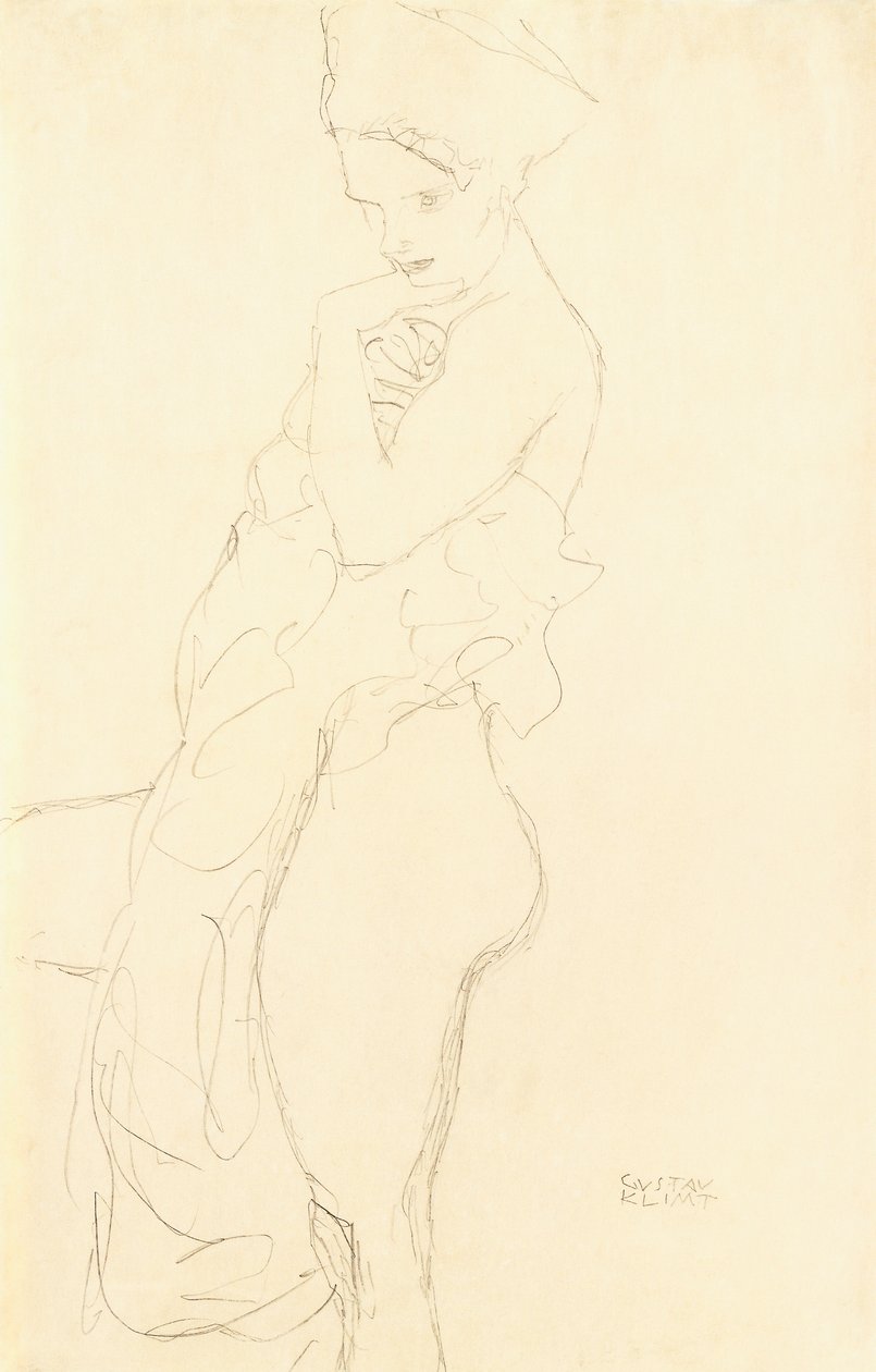 Alaston Seisomassa vasemmalla, pitelee pyyhe vartaloa vasten, 1917 tekijältä Gustav Klimt