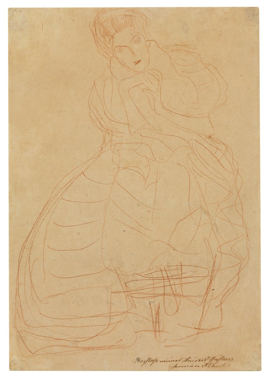 Adele Bloch-Bauerin muotokuva. Pukututkimus, jossa kädet ovat hevosenkengän muotoiset. tekijältä Gustav Klimt