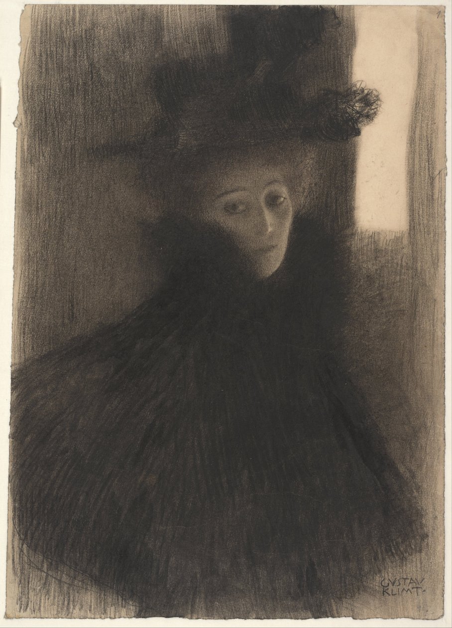 Naisen muotokuva viitta ja hattu kanssa, 1897-1898 tekijältä Gustav Klimt