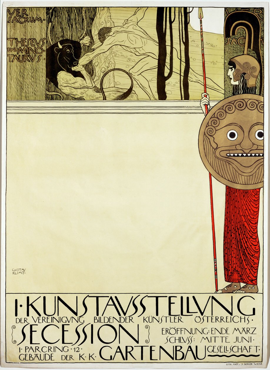 Juliste " Secession " -taideliikkeen ensimmäiseen taidenäyttelyyn. tekijältä Gustav Klimt
