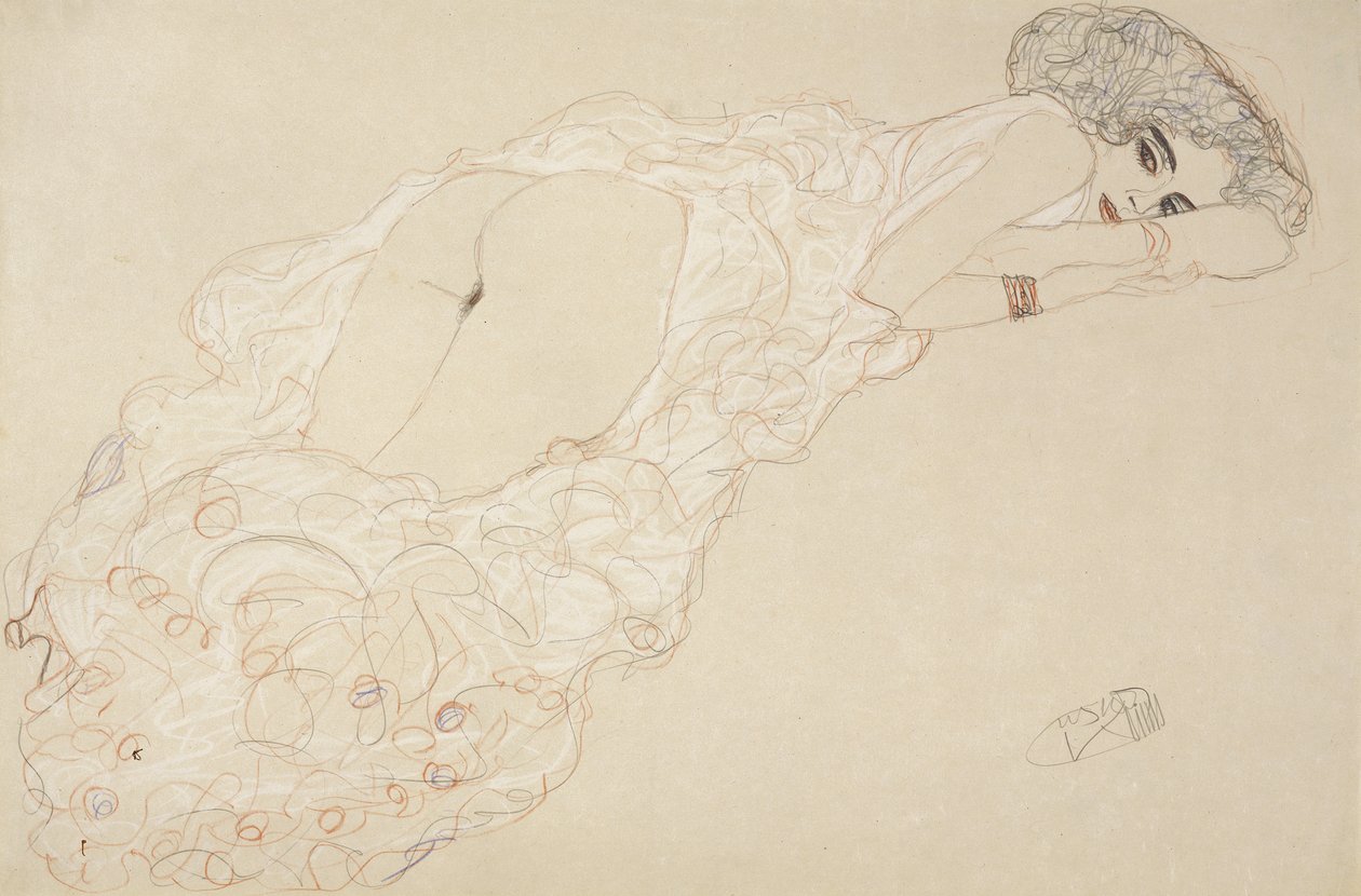 Makaava alaston makuulla vatsallaan ja kasvot oikealle tekijältä Gustav Klimt