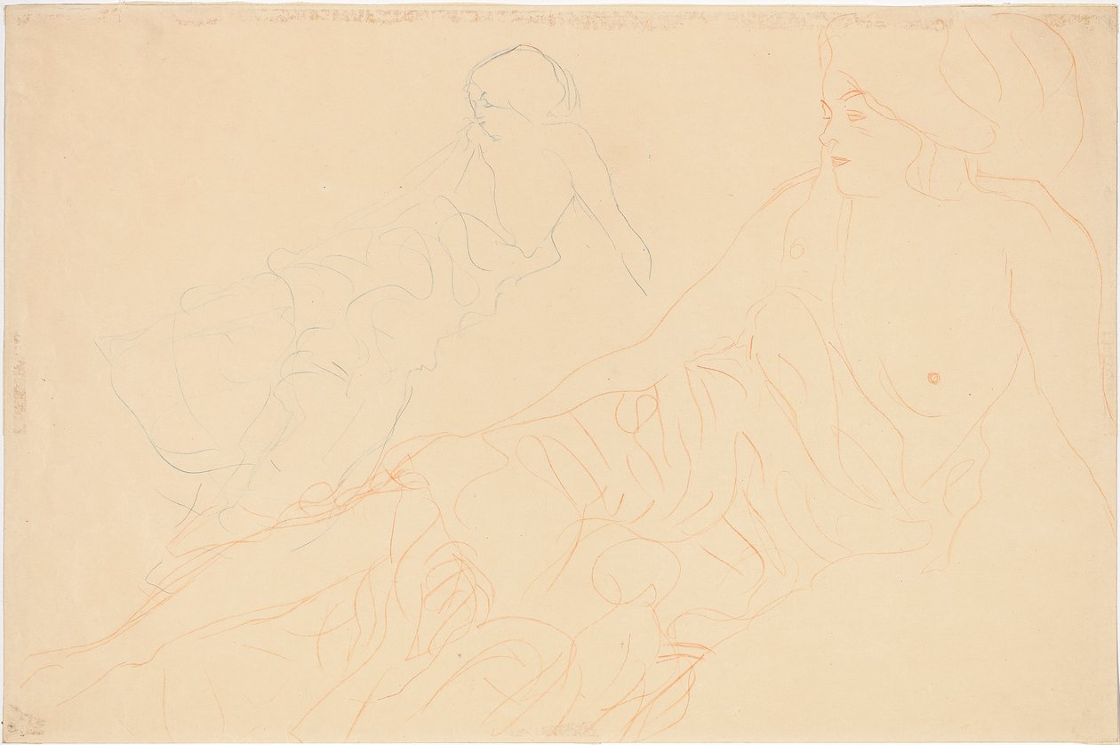 makuuasento; Nainen makaa tuettuna, toisto vasemmalla, 1913 tekijältä Gustav Klimt