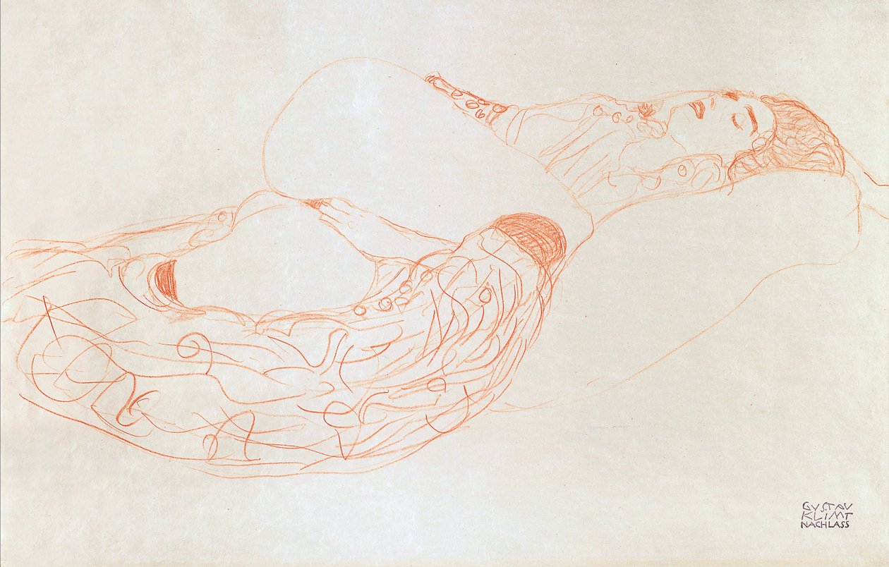 Makuuloma puolialaston (masturboiva), 1912-1913 (sangviini paperilla) tekijältä Gustav Klimt