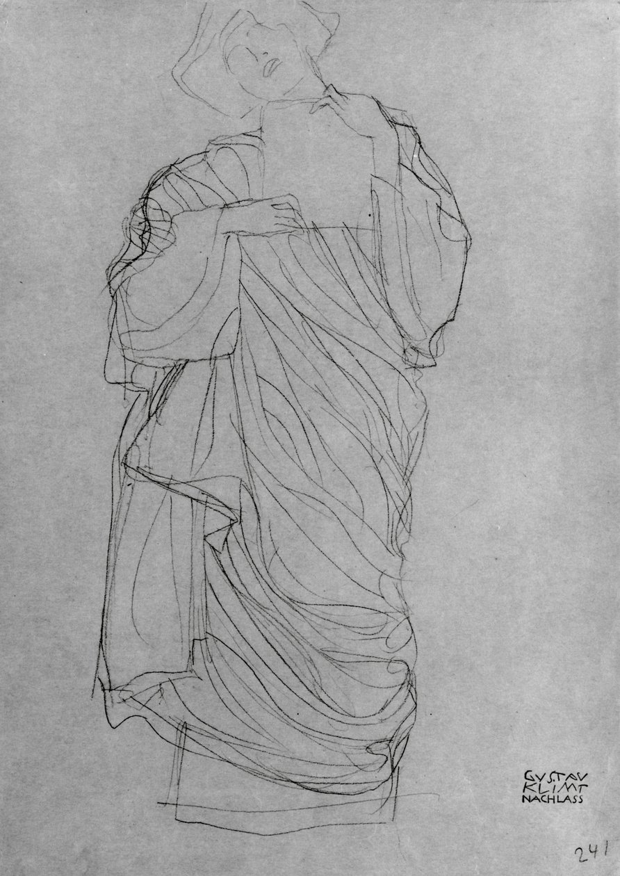 Viittassa seisova nainen, jolla on kortti, (kynä ruskealla paperilla) tekijältä Gustav Klimt