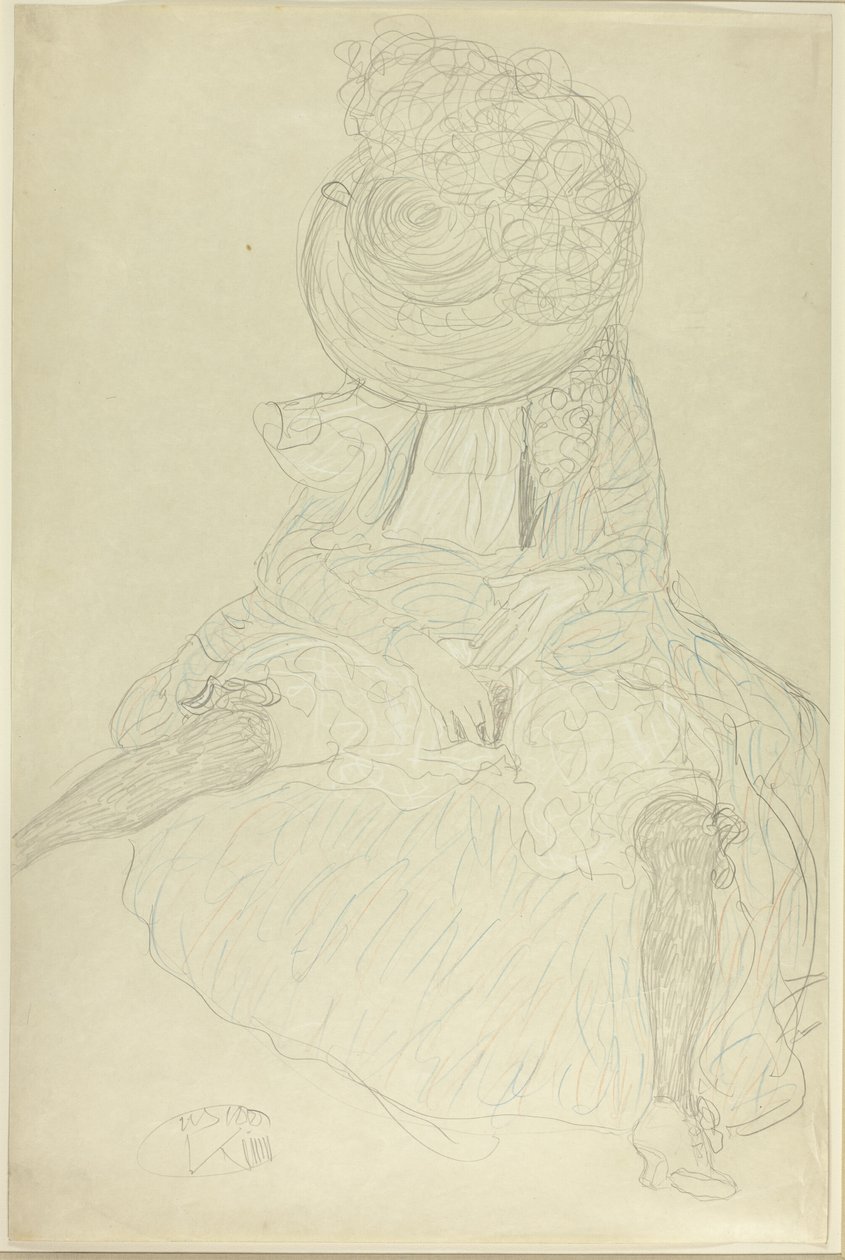 Istuva nainen edestä, hattu, kasvot hupullinen tekijältä Gustav Klimt